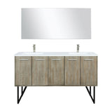 Lancy 60" Rustic Acacia Double Bathroom Vanity, White Quartz Top, White Square Sinks, Labaro Brushed Nickel Faucet Set, and 55" Frameless Mirror