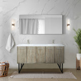 Lancy 60" Rustic Acacia Double Bathroom Vanity, White Quartz Top, White Square Sinks, Labaro Brushed Nickel Faucet Set, and 55" Frameless Mirror