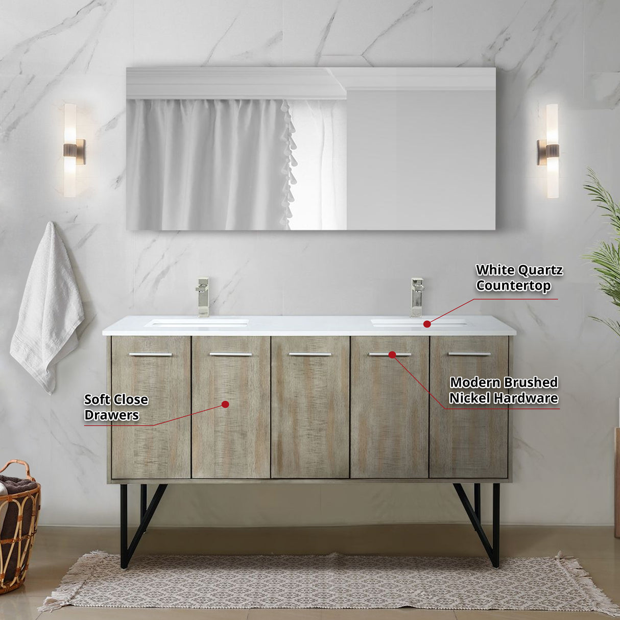 Lancy 60" Rustic Acacia Double Bathroom Vanity, White Quartz Top, White Square Sinks, Labaro Brushed Nickel Faucet Set, and 55" Frameless Mirror