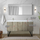 Lancy 60" Rustic Acacia Double Bathroom Vanity, White Quartz Top, White Square Sinks, Labaro Brushed Nickel Faucet Set, and 55" Frameless Mirror
