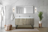Lancy 60" Rustic Acacia Double Bathroom Vanity, White Quartz Top, White Square Sinks, Monte Chrome Faucet Set, and 55" Frameless Mirror