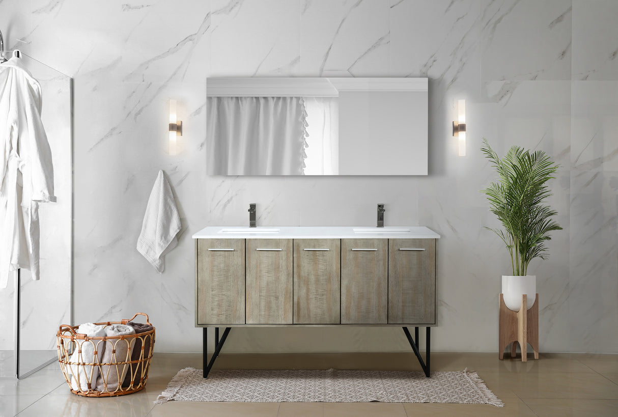 Lancy 60" Rustic Acacia Double Bathroom Vanity, White Quartz Top, White Square Sinks, Balzani Gun Metal Faucet Set, and 55" Frameless Mirror