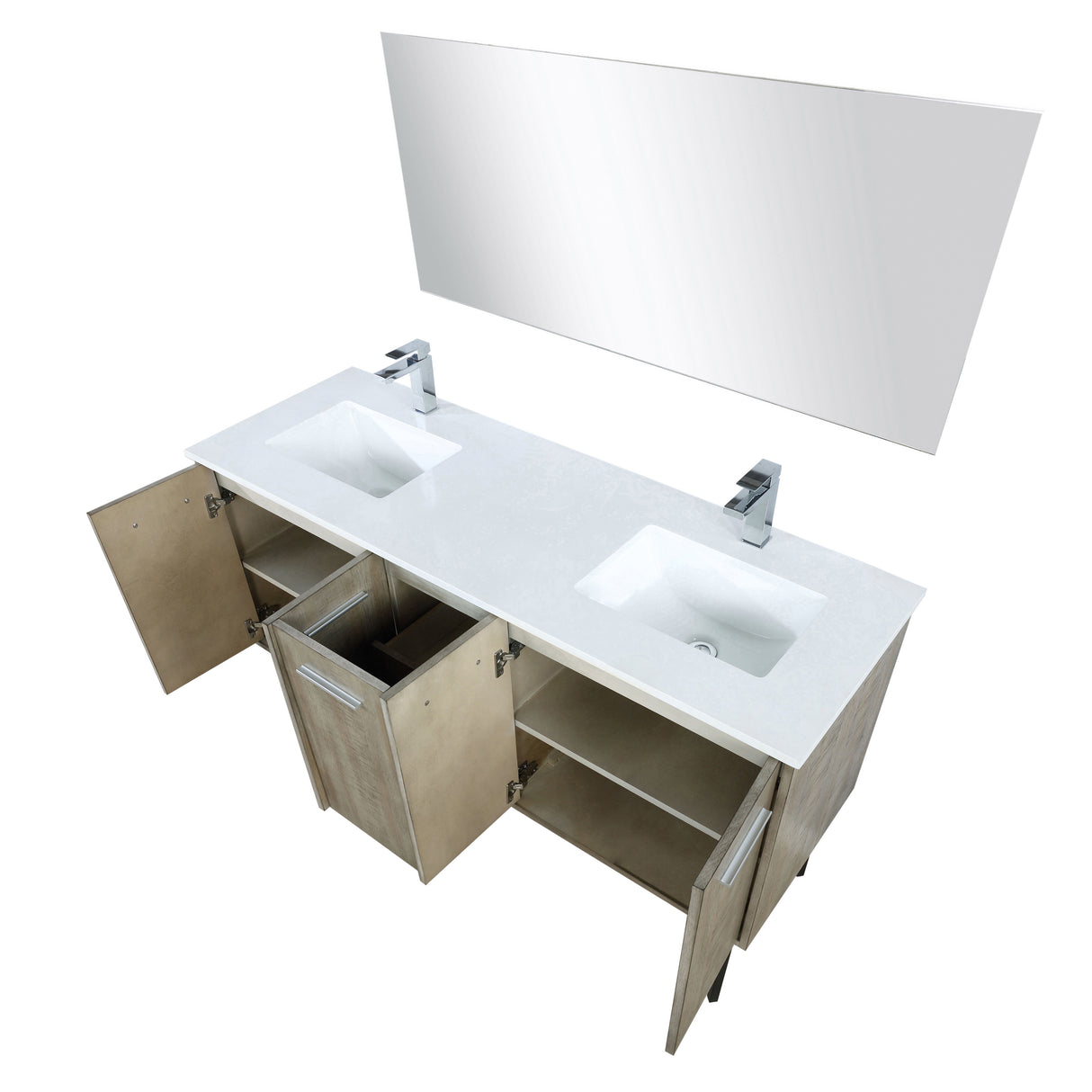 Lancy 60" Rustic Acacia Double Bathroom Vanity, White Quartz Top, White Square Sinks, Monte Chrome Faucet Set, and 55" Frameless Mirror