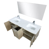 Lancy 60" Rustic Acacia Double Bathroom Vanity, White Quartz Top, White Square Sinks, Monte Chrome Faucet Set, and 55" Frameless Mirror