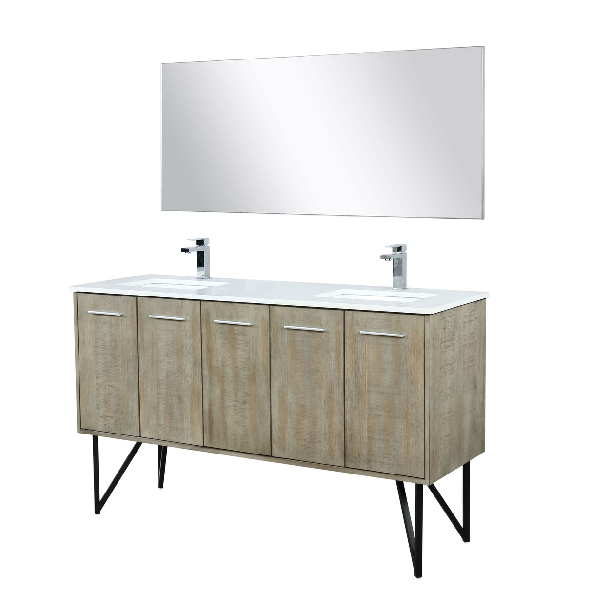 Lancy 60" Rustic Acacia Double Bathroom Vanity, White Quartz Top, White Square Sinks, Monte Chrome Faucet Set, and 55" Frameless Mirror