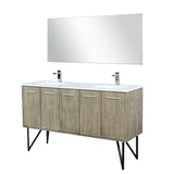 Lancy 60" Rustic Acacia Double Bathroom Vanity, White Quartz Top, White Square Sinks, Monte Chrome Faucet Set, and 55" Frameless Mirror