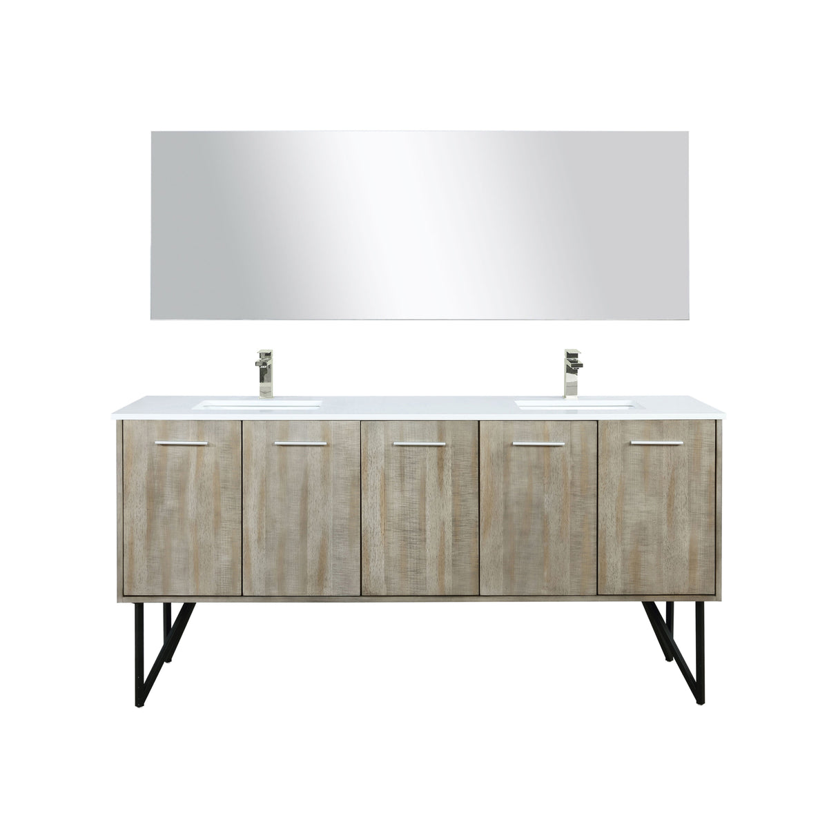 Lancy 72" Rustic Acacia Double Bathroom Vanity, White Quartz Top, White Square Sinks, Labaro Brushed Nickel Faucet Set, and 70" Frameless Mirror