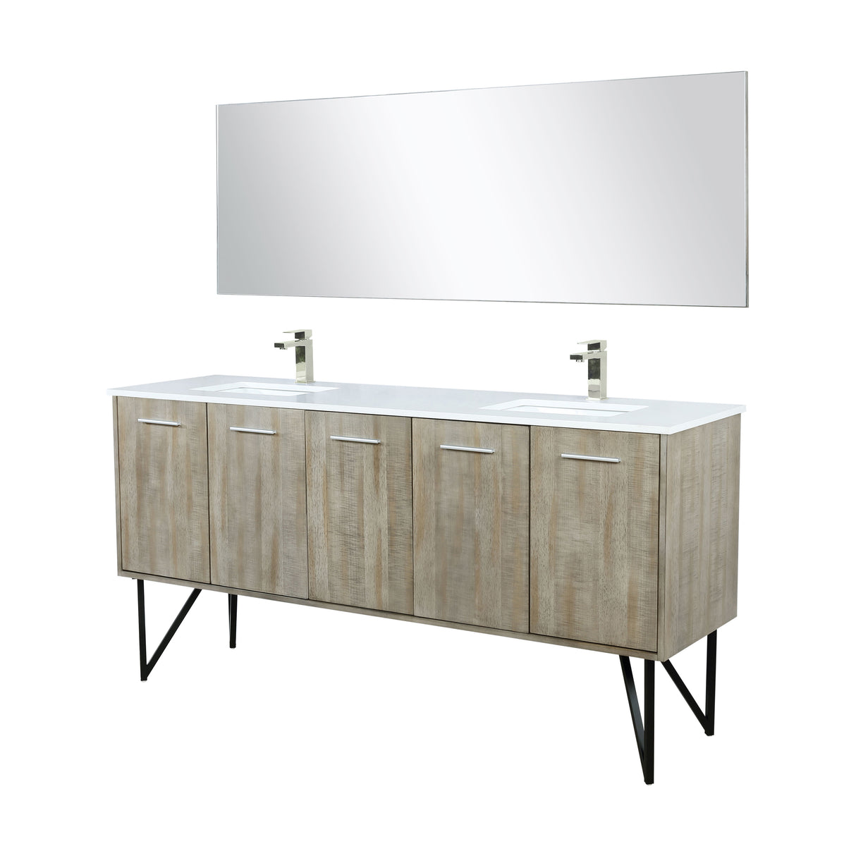 Lancy 72" Rustic Acacia Double Bathroom Vanity, White Quartz Top, White Square Sinks, Labaro Brushed Nickel Faucet Set, and 70" Frameless Mirror