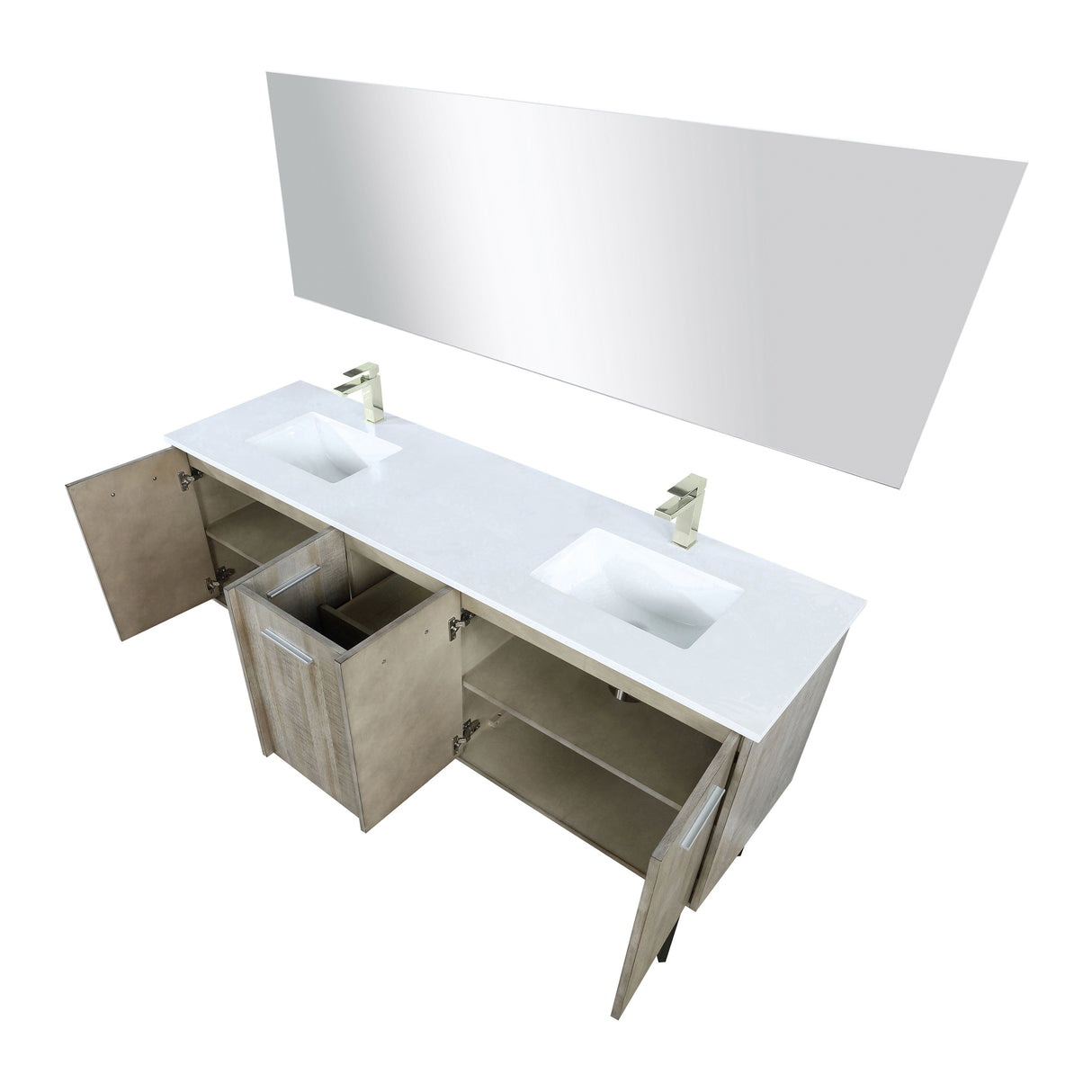 Lancy 72" Rustic Acacia Double Bathroom Vanity, White Quartz Top, White Square Sinks, Labaro Brushed Nickel Faucet Set, and 70" Frameless Mirror