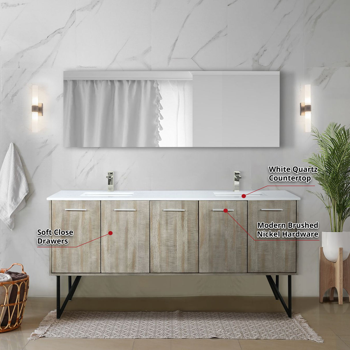 Lancy 72" Rustic Acacia Double Bathroom Vanity, White Quartz Top, White Square Sinks, Labaro Brushed Nickel Faucet Set, and 70" Frameless Mirror