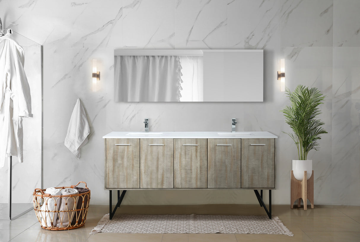 Lancy 72" Rustic Acacia Double Bathroom Vanity, White Quartz Top, White Square Sinks, Monte Chrome Faucet Set, and 70" Frameless Mirror