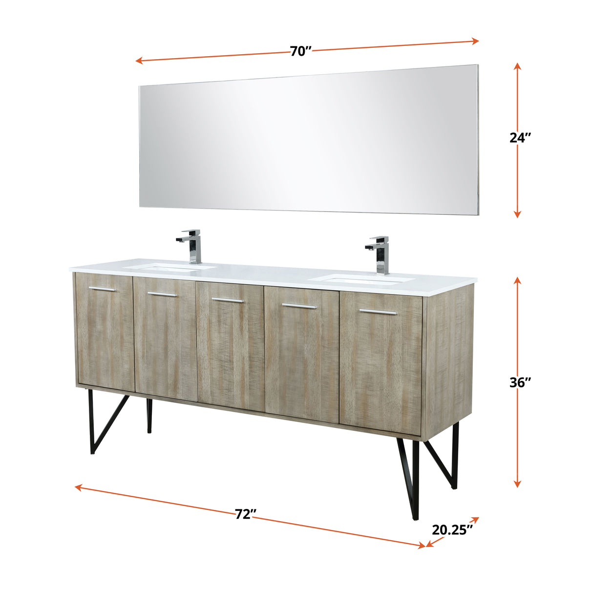 Lancy 72" Rustic Acacia Double Bathroom Vanity, White Quartz Top, White Square Sinks, Monte Chrome Faucet Set, and 70" Frameless Mirror