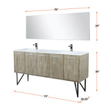 Lancy 72" Rustic Acacia Double Bathroom Vanity, White Quartz Top, White Square Sinks, Monte Chrome Faucet Set, and 70" Frameless Mirror