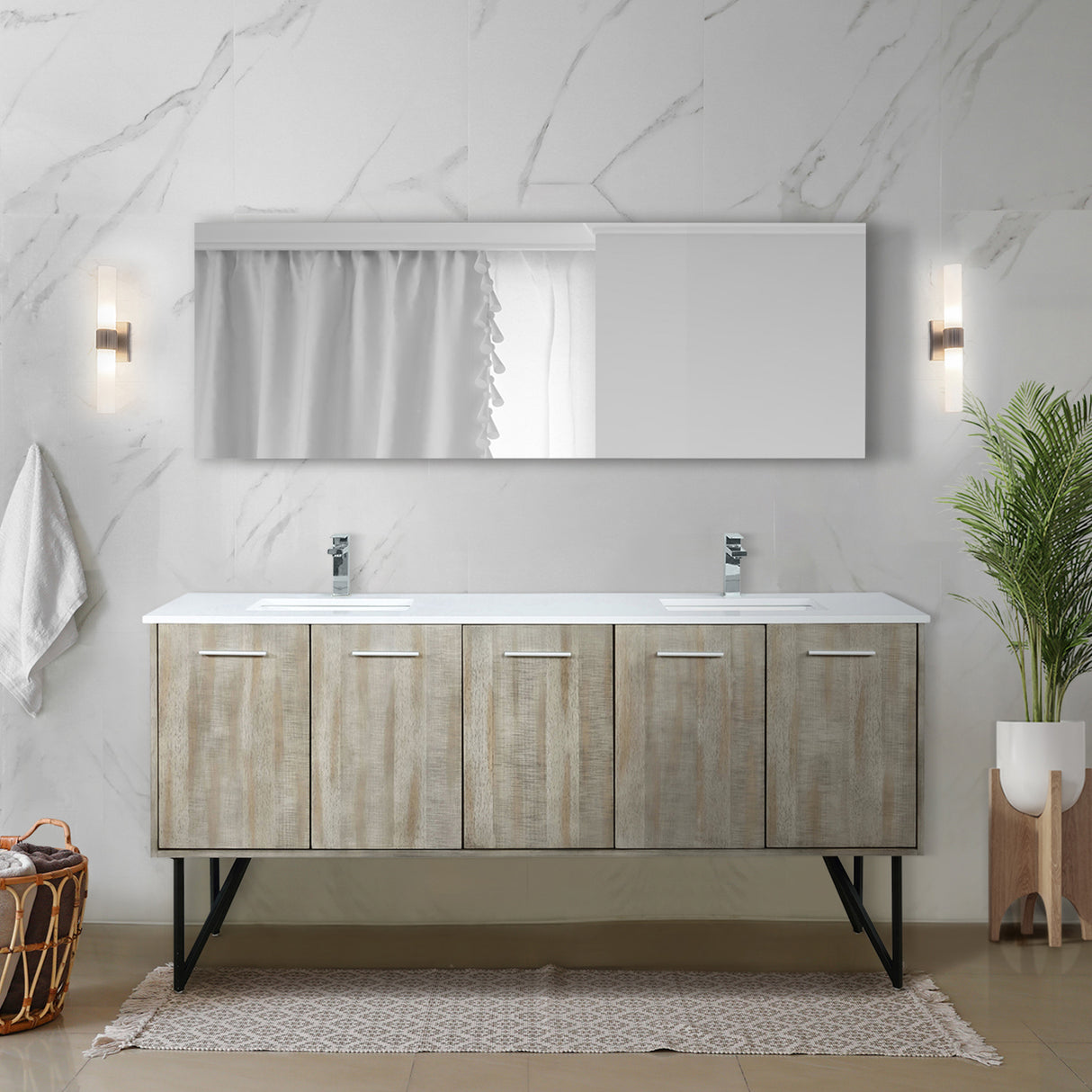 Lancy 72" Rustic Acacia Double Bathroom Vanity, White Quartz Top, White Square Sinks, Monte Chrome Faucet Set, and 70" Frameless Mirror
