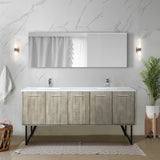 Lancy 72" Rustic Acacia Double Bathroom Vanity, White Quartz Top, White Square Sinks, Monte Chrome Faucet Set, and 70" Frameless Mirror