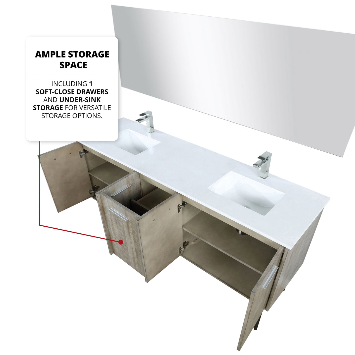 Lancy 72" Rustic Acacia Double Bathroom Vanity, White Quartz Top, White Square Sinks, Monte Chrome Faucet Set, and 70" Frameless Mirror