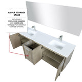 Lancy 72" Rustic Acacia Double Bathroom Vanity, White Quartz Top, White Square Sinks, Monte Chrome Faucet Set, and 70" Frameless Mirror