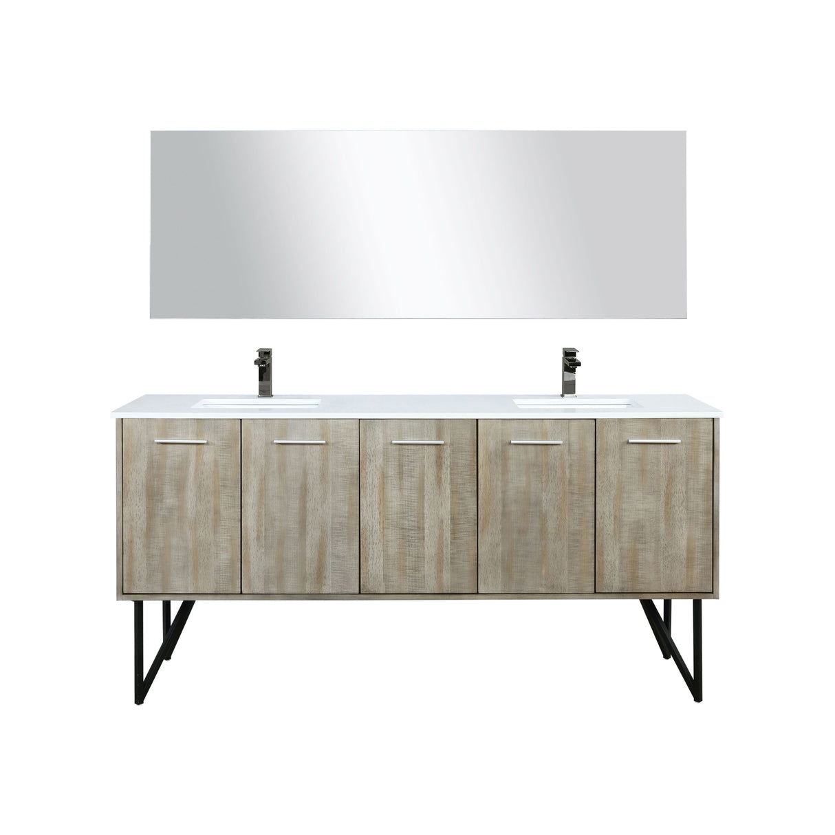 Lancy 72" Rustic Acacia Double Bathroom Vanity, White Quartz Top, White Square Sinks, Balzani Gun Metal Faucet Set, and 70" Frameless Mirror
