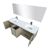 Lancy 72" Rustic Acacia Double Bathroom Vanity, White Quartz Top, White Square Sinks, Balzani Gun Metal Faucet Set, and 70" Frameless Mirror