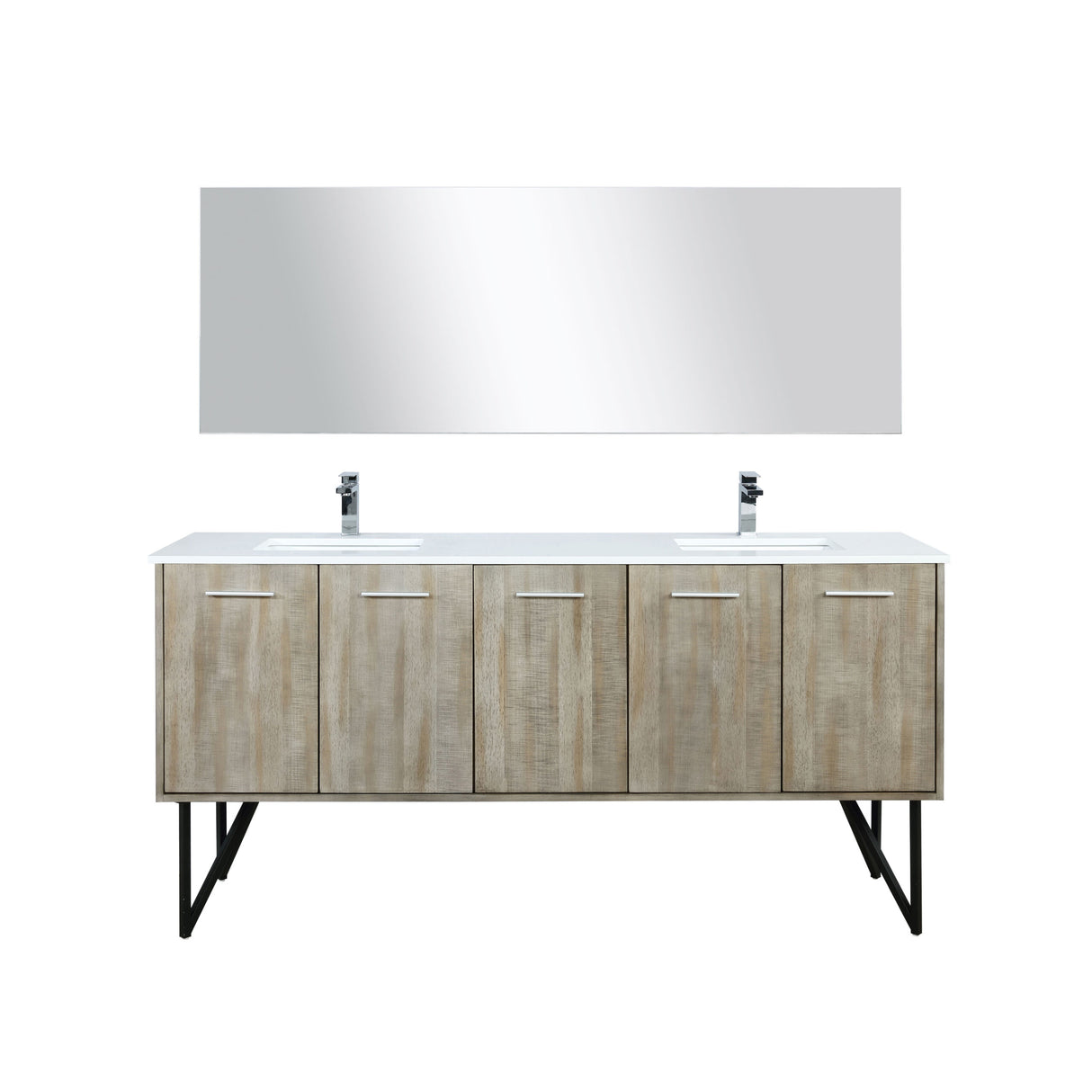 Lancy 72" Rustic Acacia Double Bathroom Vanity, White Quartz Top, White Square Sinks, Monte Chrome Faucet Set, and 70" Frameless Mirror