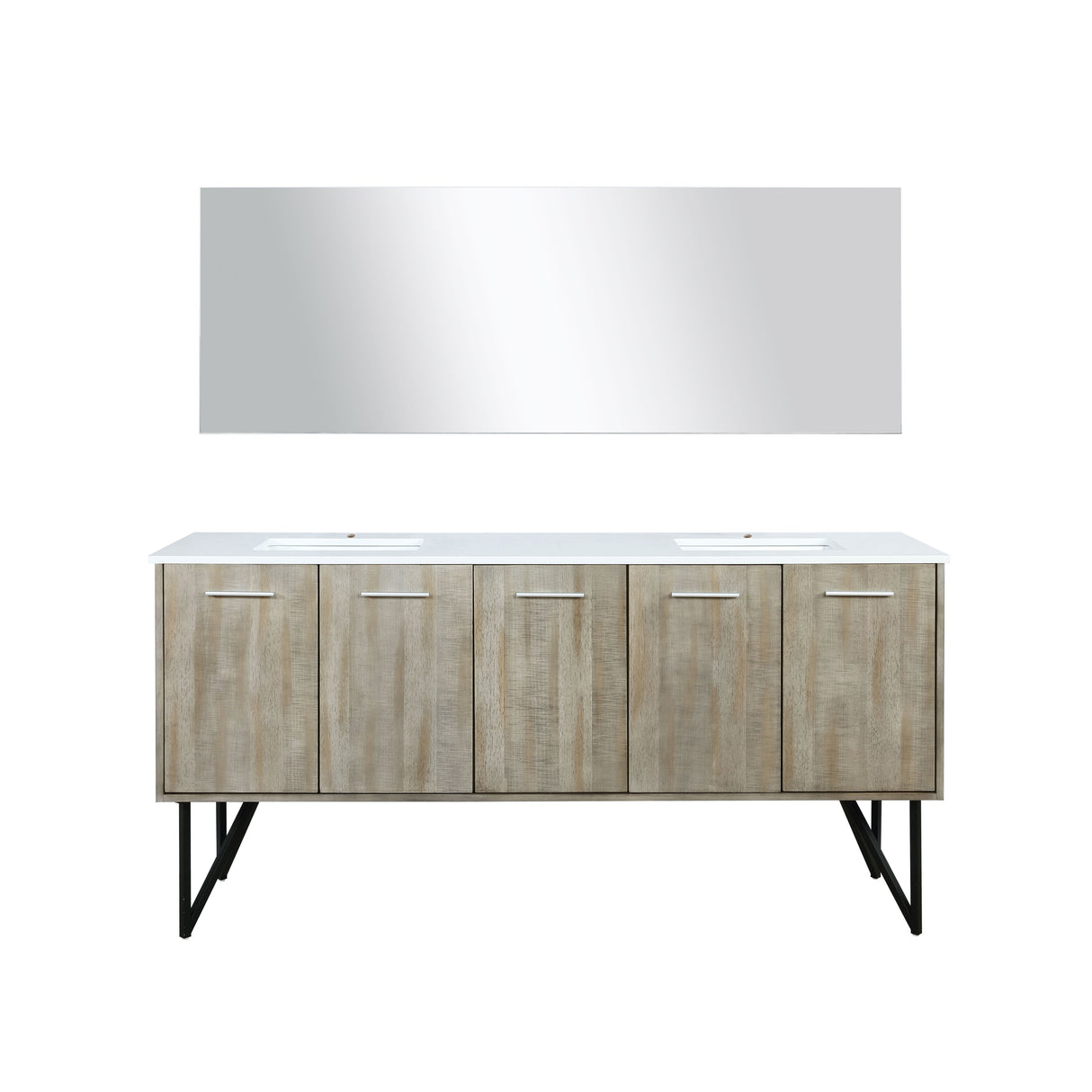Lancy 72" Rustic Acacia Double Bathroom Vanity, White Quartz Top, White Square Sinks, and 70" Frameless Mirror
