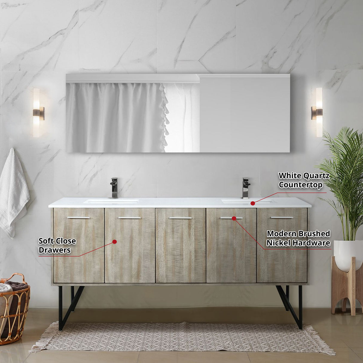 Lancy 72" Rustic Acacia Double Bathroom Vanity, White Quartz Top, White Square Sinks, Balzani Gun Metal Faucet Set, and 70" Frameless Mirror