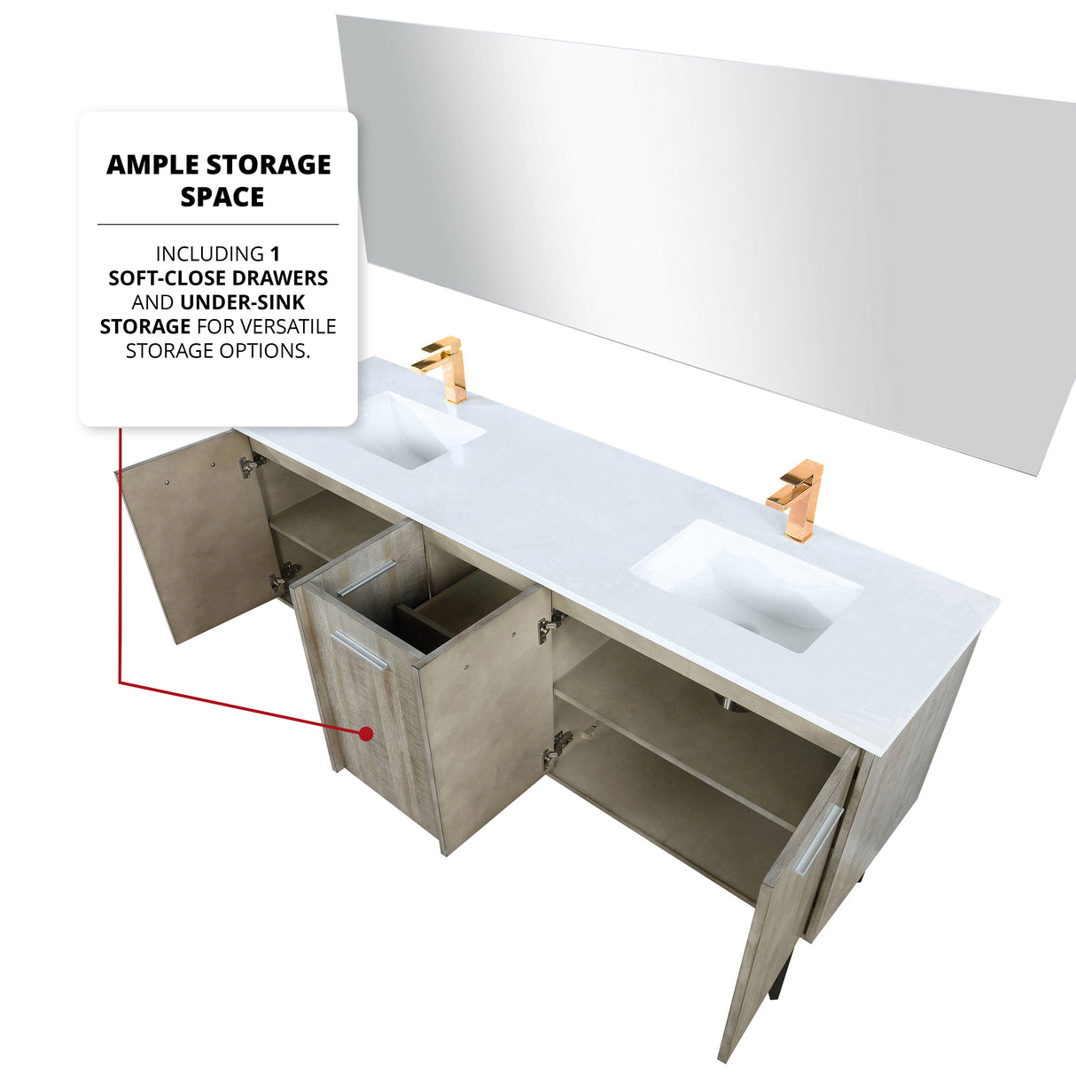 Lancy 72" Rustic Acacia Double Bathroom Vanity, White Quartz Top, White Square Sinks, and 70" Frameless Mirror