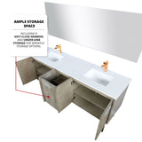 Lancy 72" Rustic Acacia Double Bathroom Vanity, White Quartz Top, White Square Sinks, and 70" Frameless Mirror