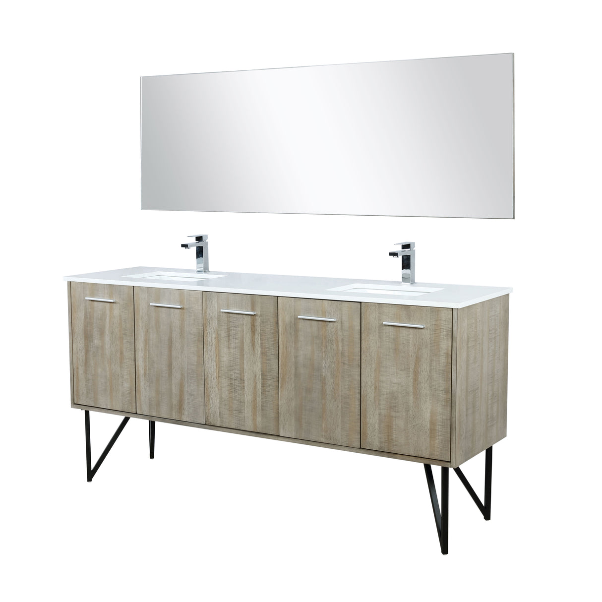 Lancy 72" Rustic Acacia Double Bathroom Vanity, White Quartz Top, White Square Sinks, Monte Chrome Faucet Set, and 70" Frameless Mirror