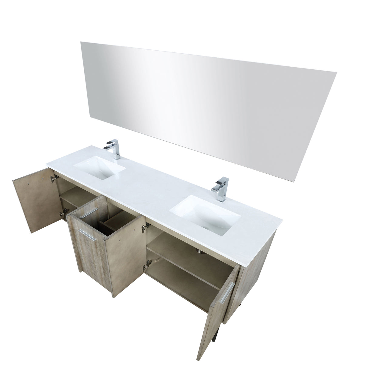 Lancy 72" Rustic Acacia Double Bathroom Vanity, White Quartz Top, White Square Sinks, Monte Chrome Faucet Set, and 70" Frameless Mirror