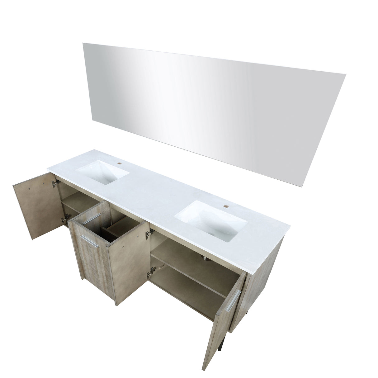 Lancy 72" Rustic Acacia Double Bathroom Vanity, White Quartz Top, White Square Sinks, and 70" Frameless Mirror
