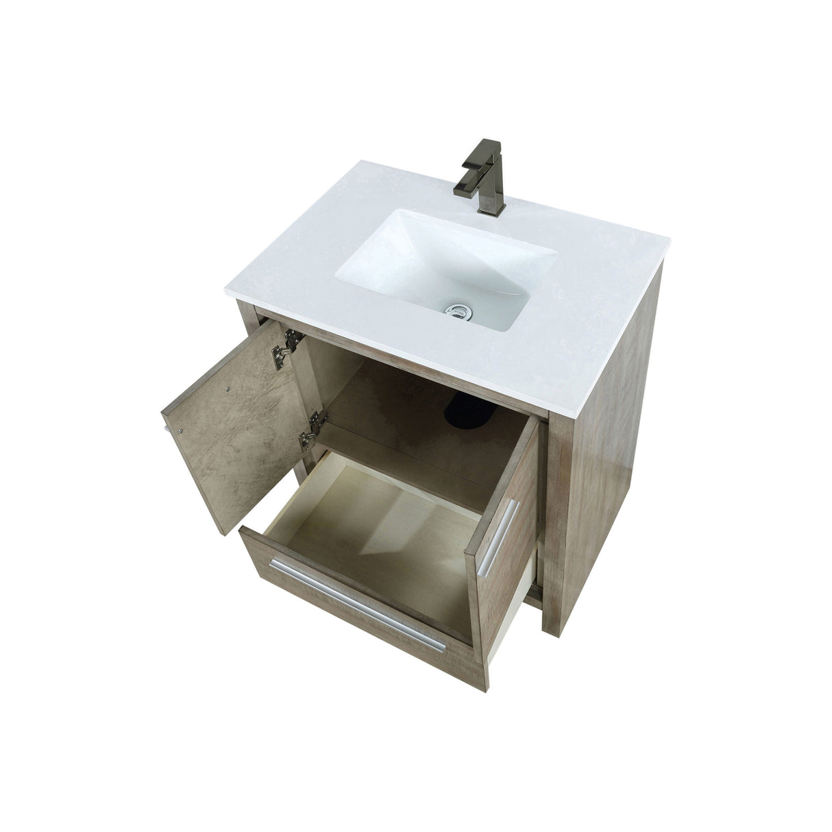 Lafarre Rustic Acacia Freestanding Bathroom Vanity with White Quartz Top, White Square Sink, and Balzani Gun Metal Faucet Set