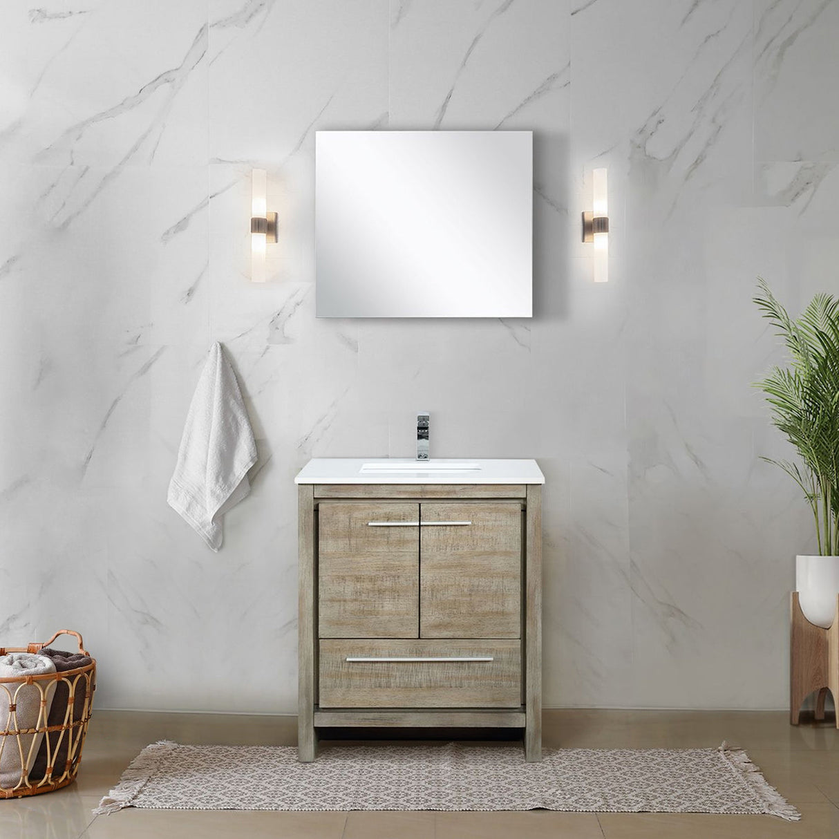 Lafarre Rustic Acacia Freestanding Bathroom Vanity with White Quartz Top, White Square Sink, and Monte Chrome Faucet Set