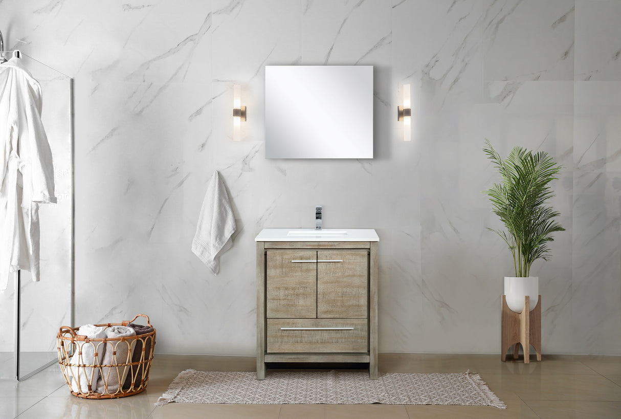 Lafarre 30" Rustic Acacia Bathroom Vanity, White Quartz Top, White Square Sink, and Monte Chrome Faucet Set