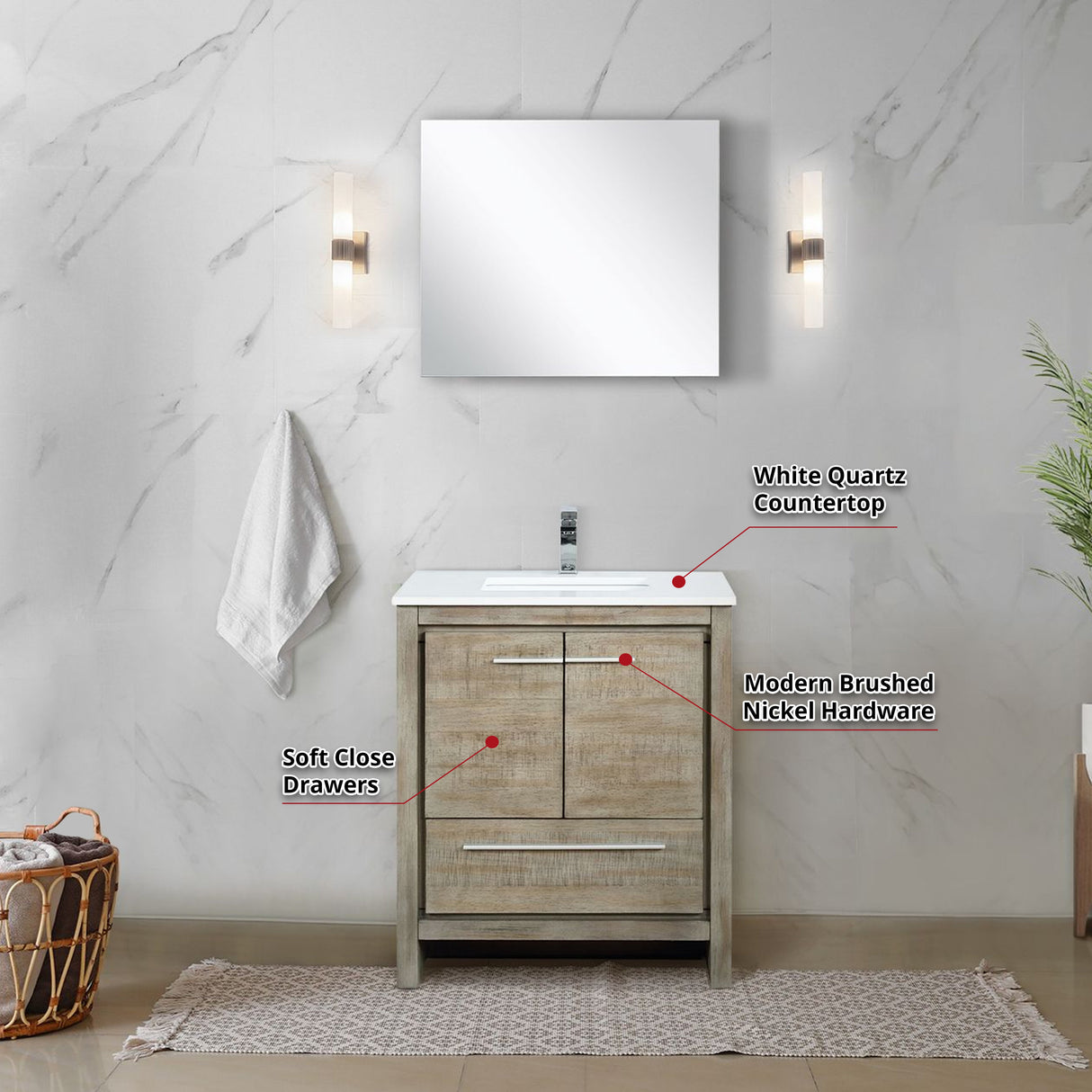 Lafarre Rustic Acacia Freestanding Bathroom Vanity with White Quartz Top, White Square Sink, and Balzani Gun Metal Faucet Set