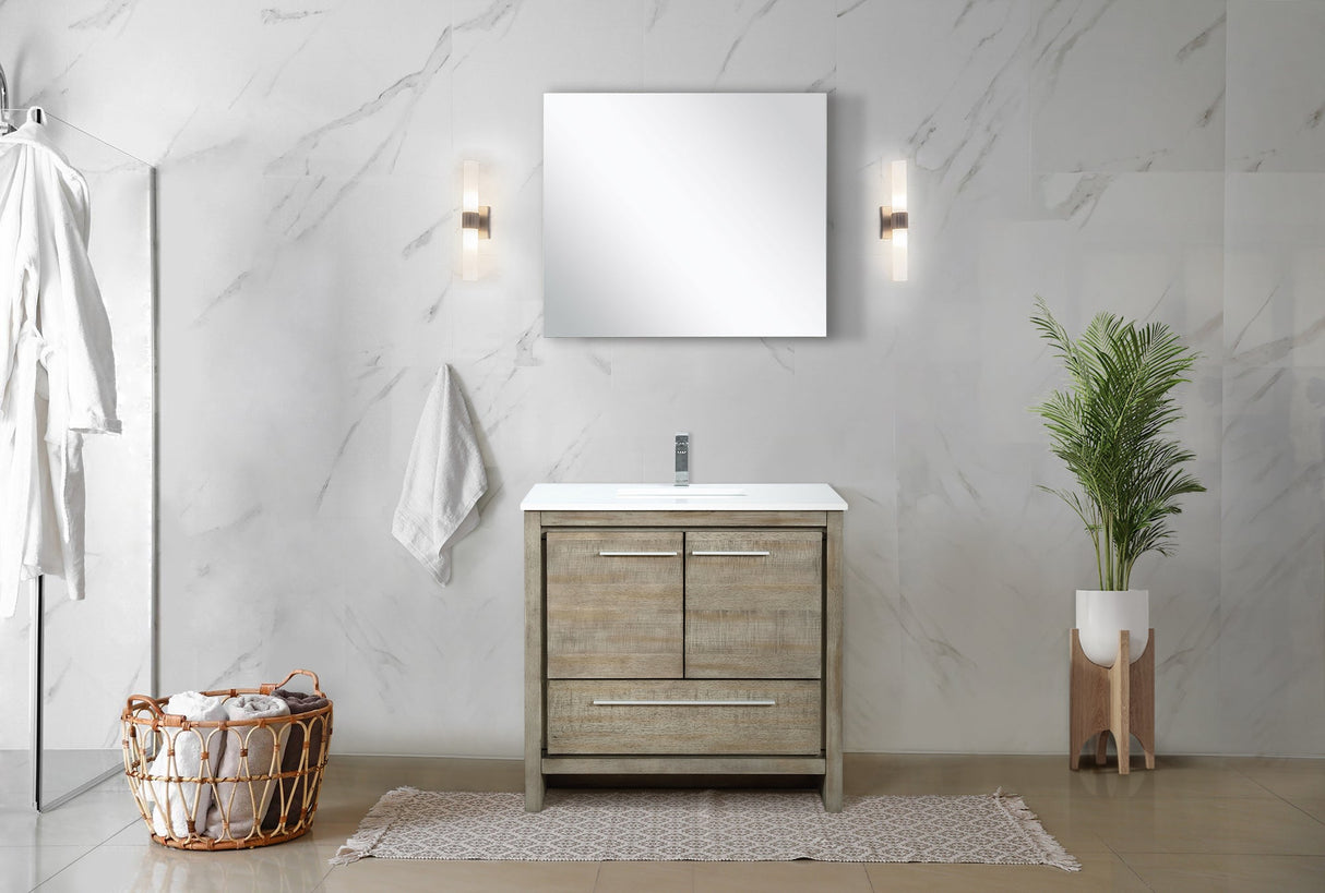 Lafarre Rustic Acacia Freestanding Bathroom Vanity with White Quartz Top, White Square Sink, and Monte Chrome Faucet Set
