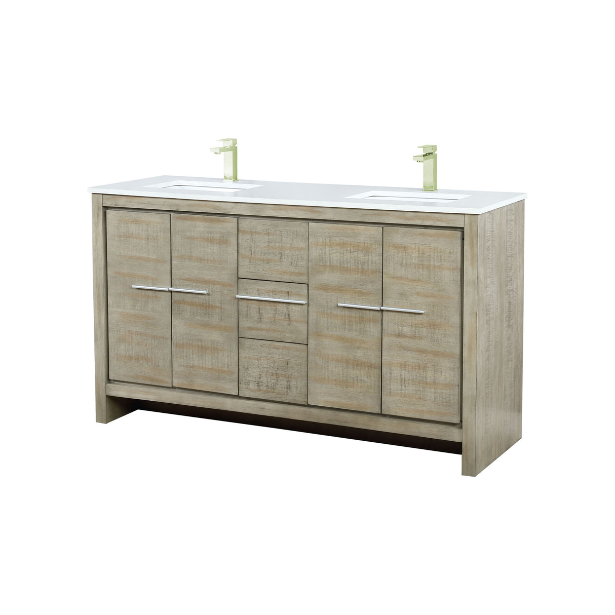 Lafarre 60 in. Rustic Acacia  Freestanding Bathroom Vanity with White Quartz Top, White Square Sink, and Labaro Brushed Nickel Faucet Set