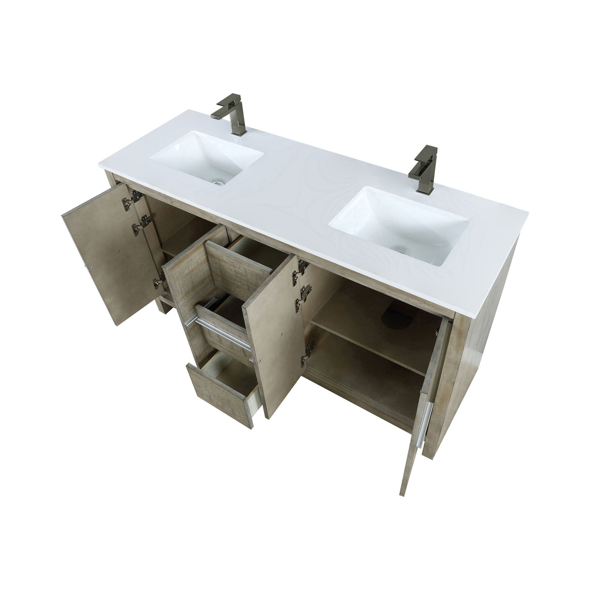 Lafarre 60 in. Rustic Acacia  Freestanding Bathroom Vanity with White Quartz Top, White Square Sink, and Balzani Gun Metal Faucet Set