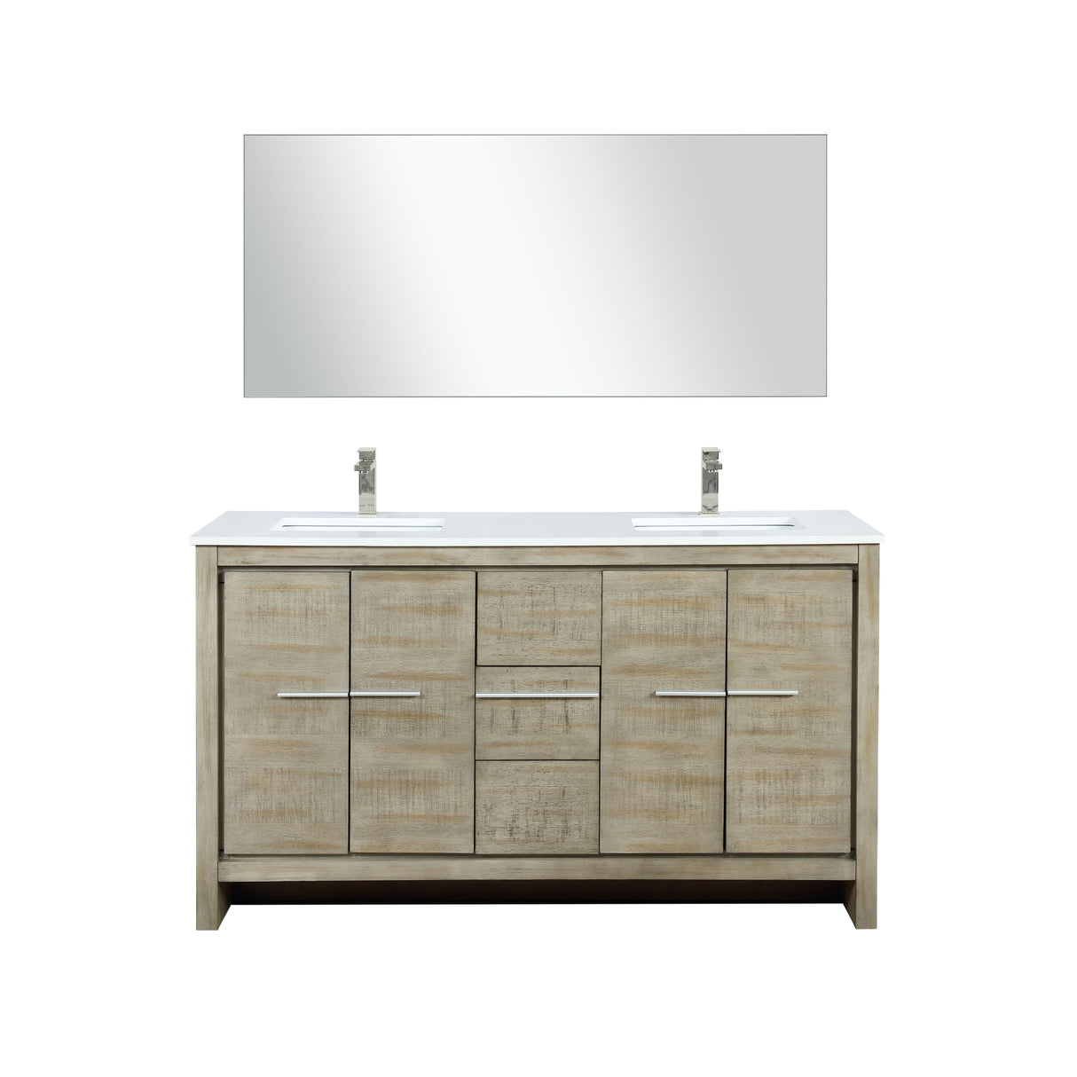 Lafarre 60" Rustic Acacia Double Bathroom Vanity, White Quartz Top, White Square Sinks, Labaro Brushed Nickel Faucet Set, and 55" Frameless Mirror