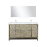 Lafarre 60" Rustic Acacia Double Bathroom Vanity, White Quartz Top, White Square Sinks, Labaro Brushed Nickel Faucet Set, and 55" Frameless Mirror
