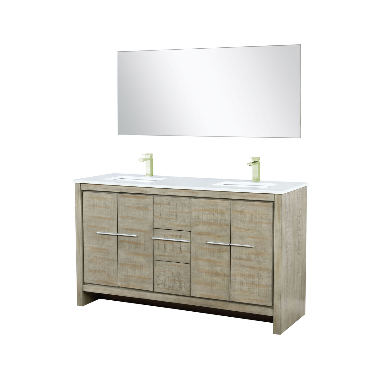 Lafarre 60" Rustic Acacia Double Bathroom Vanity, White Quartz Top, White Square Sinks, Labaro Brushed Nickel Faucet Set, and 55" Frameless Mirror