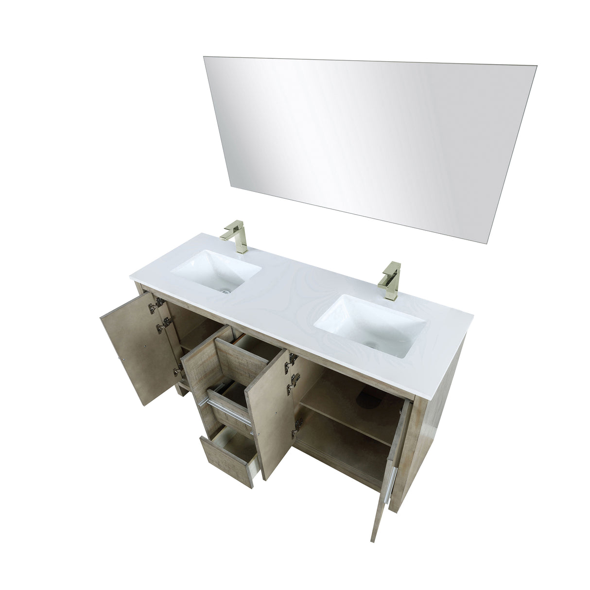 Lafarre 60" Rustic Acacia Double Bathroom Vanity, White Quartz Top, White Square Sinks, Labaro Brushed Nickel Faucet Set, and 55" Frameless Mirror