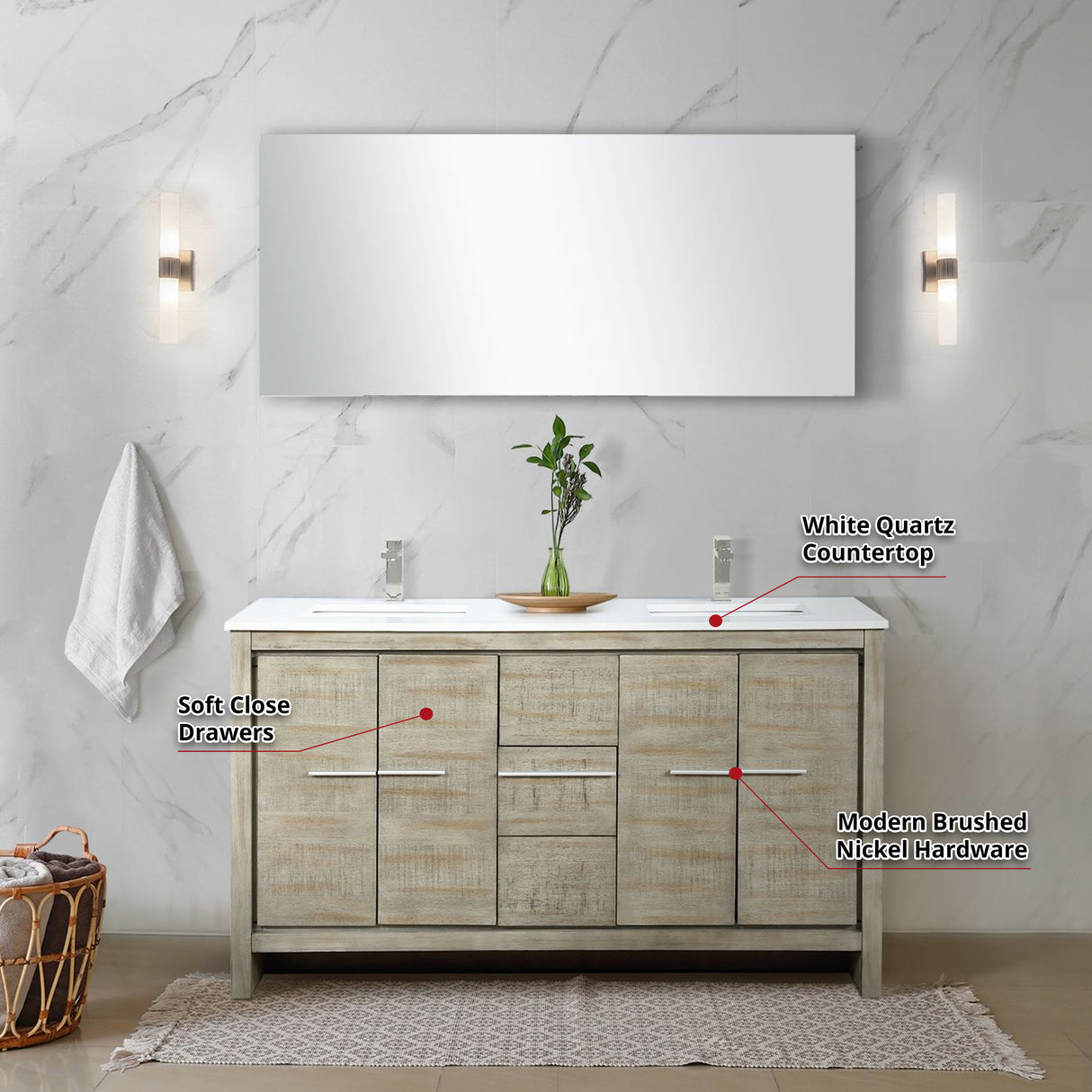 Lafarre 60" Rustic Acacia Double Bathroom Vanity, White Quartz Top, White Square Sinks, Labaro Brushed Nickel Faucet Set, and 55" Frameless Mirror