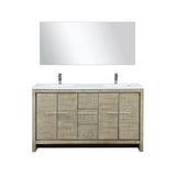 Lafarre 60" Rustic Acacia Double Bathroom Vanity, White Quartz Top, White Square Sinks, Monte Chrome Faucet Set, and 55" Frameless Mirror