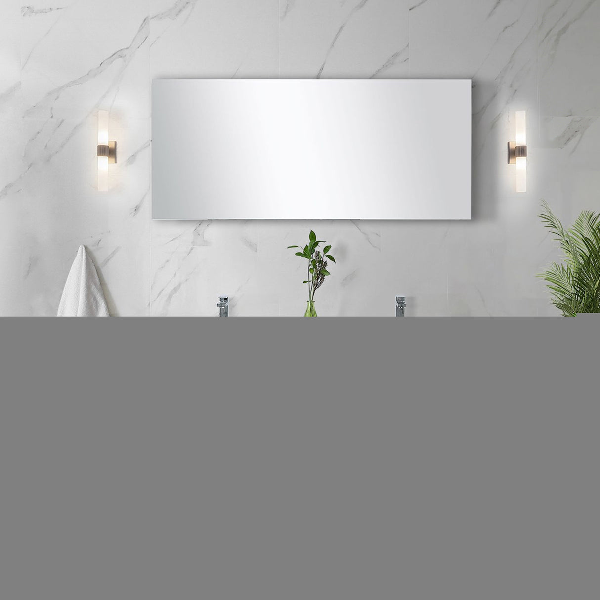 Lafarre 60" Rustic Acacia Double Bathroom Vanity, White Quartz Top, White Square Sinks, Balzani Gun Metal Faucet Set, and 55" Frameless Mirror