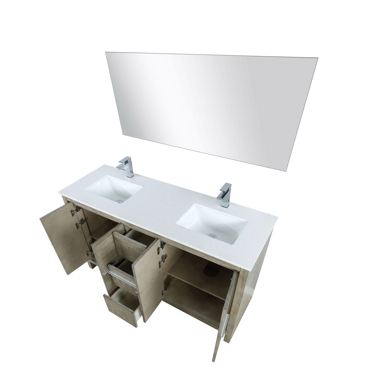 Lafarre 60" Rustic Acacia Double Bathroom Vanity, White Quartz Top, White Square Sinks, Monte Chrome Faucet Set, and 55" Frameless Mirror