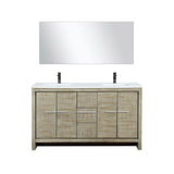 Lafarre 60" Rustic Acacia Double Bathroom Vanity, White Quartz Top, White Square Sinks, Balzani Gun Metal Faucet Set, and 55" Frameless Mirror