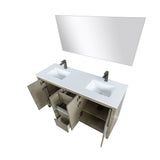 Lafarre 60" Rustic Acacia Double Bathroom Vanity, White Quartz Top, White Square Sinks, Balzani Gun Metal Faucet Set, and 55" Frameless Mirror