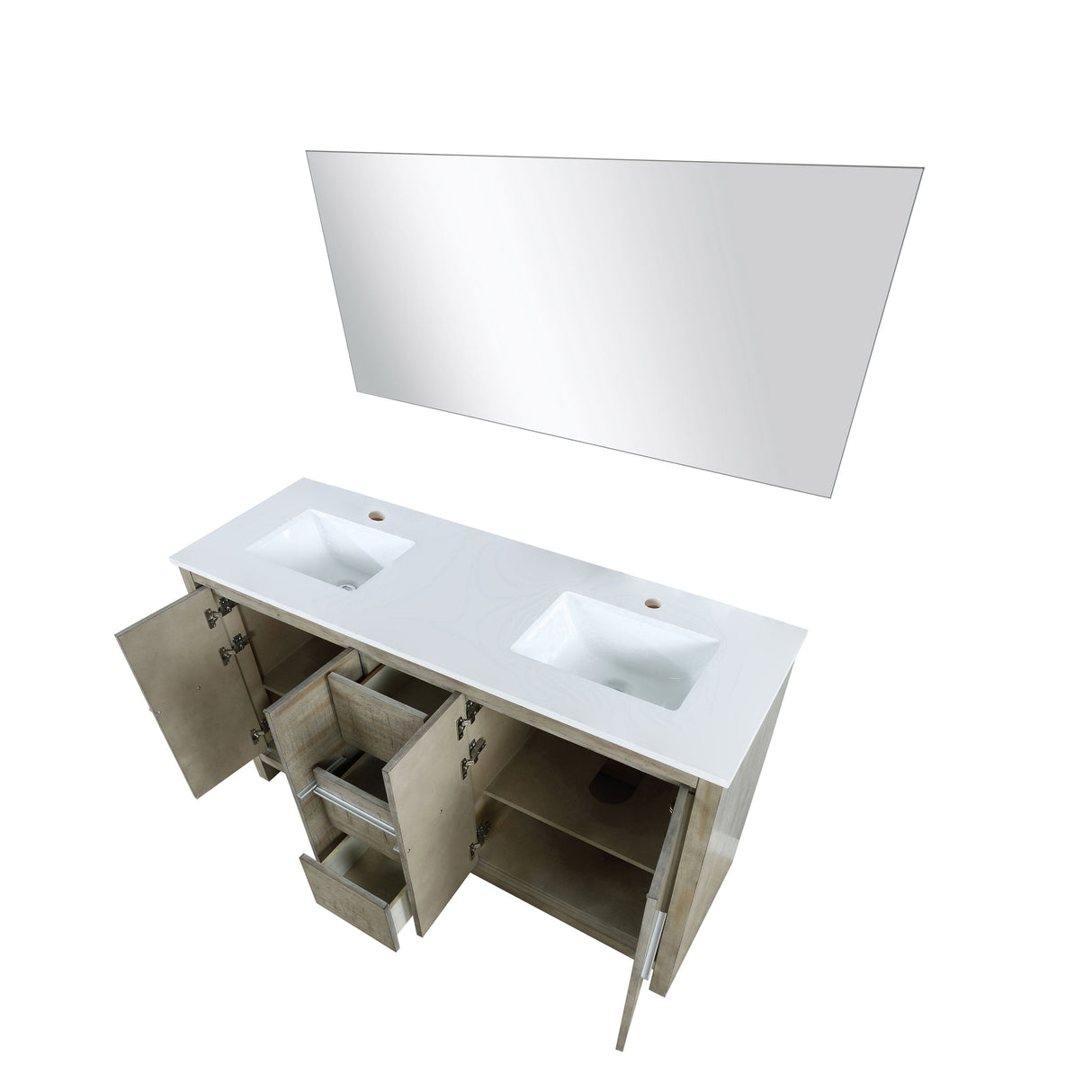 Lafarre 60" Rustic Acacia Double Bathroom Vanity, White Quartz Top, White Square Sinks, and 55" Frameless Mirror