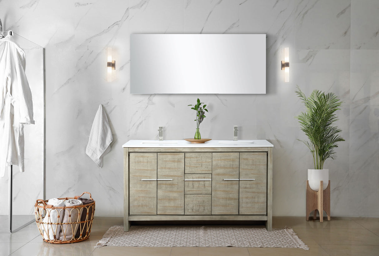 Lafarre 60" Rustic Acacia Double Bathroom Vanity, White Quartz Top, White Square Sinks, Labaro Brushed Nickel Faucet Set, and 55" Frameless Mirror